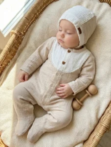 نوزاد با سرهمی بژ و کلاه سفید در سبد حصیری، عکس تنخور با نور طبیعی کنار پنجره