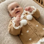 نوزاد با ژاکت بافت شتری یقه چین‌دار و پوم‌پوم سفید روی تشک کرم، عکس تنخور در اتاق کودک