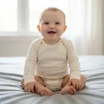 نوزاد با بادی آستین‌بلند ساده سفید روی تخت در نور طبیعی کنار پنجره