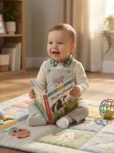 نوزاد نشسته روی تشک بازی و در حال نگاه کردن به کتاب تصویری با عنوان «دوستان مزرعه» با لباس بیلرسوت طوسی و یقه چهارخانه