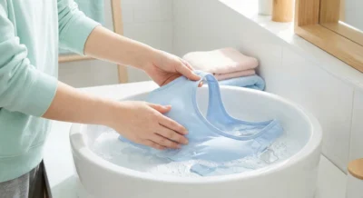 شستشوی ملایم نیم‌تنه ورزشی با دست در روشویی
