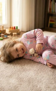 کودک با ست لباس راحتی صورتی طرح فانتزی درازکش روی فرش کرم و در آغوش گرفتن عروسک کوچک