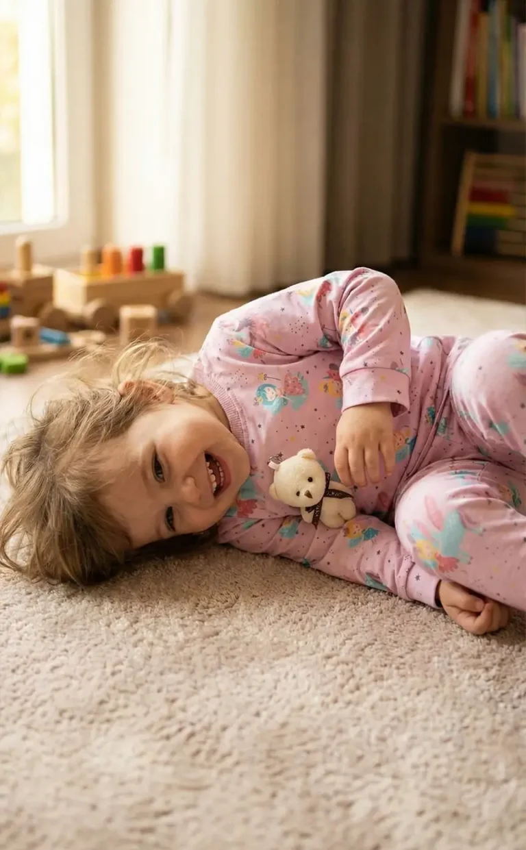 کودک با ست لباس راحتی صورتی طرح فانتزی درازکش روی فرش کرم و در آغوش گرفتن عروسک کوچک