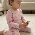 کودک با ست لباس راحتی صورتی طرح فانتزی نشسته روی فرش کرم و در دست داشتن اسباب‌بازی چوبی