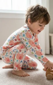 کودک با ست لباس راحتی طرح فیل صورتی در حال بازی روی فرش روشن کنار پنجره