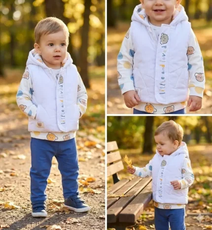 کلاژ چند نمای کودک با جلیقه پافر سفید و لباس طرح خرسی در فضای پاییزی پارک