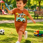 ست راحتی کودک طرح سافاری رنگ مسی| تیشرت و شلوارک نخ پنبه