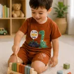 ست لباس راحتی کودک طرح داینا رنگ مسی | ست تیشرت و شلوارک نخ پنبه