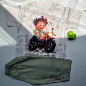 خرید ست لباس راحتی پسرانه طرح موتور Bikers از جنس نخ پنبه