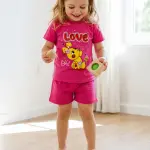 ست لباس راحتی کودک دخترانه نخ پنبه صورتی | تیشرت و شلوارک بچگانه اقتصادی طرح Love خرگوش لیاکیدز